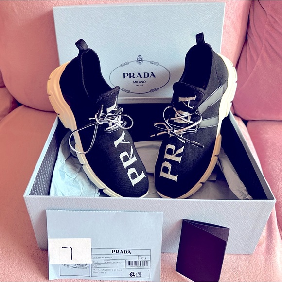 Prada Shoes - PRADA Black and White Women's Logo Knit Sock Sneakers - EU37.5/7.5/8